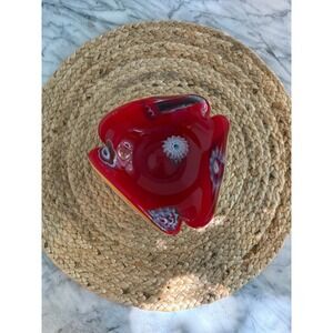 Vintage Murano art glass ashtray bowl, red and white with millefiore